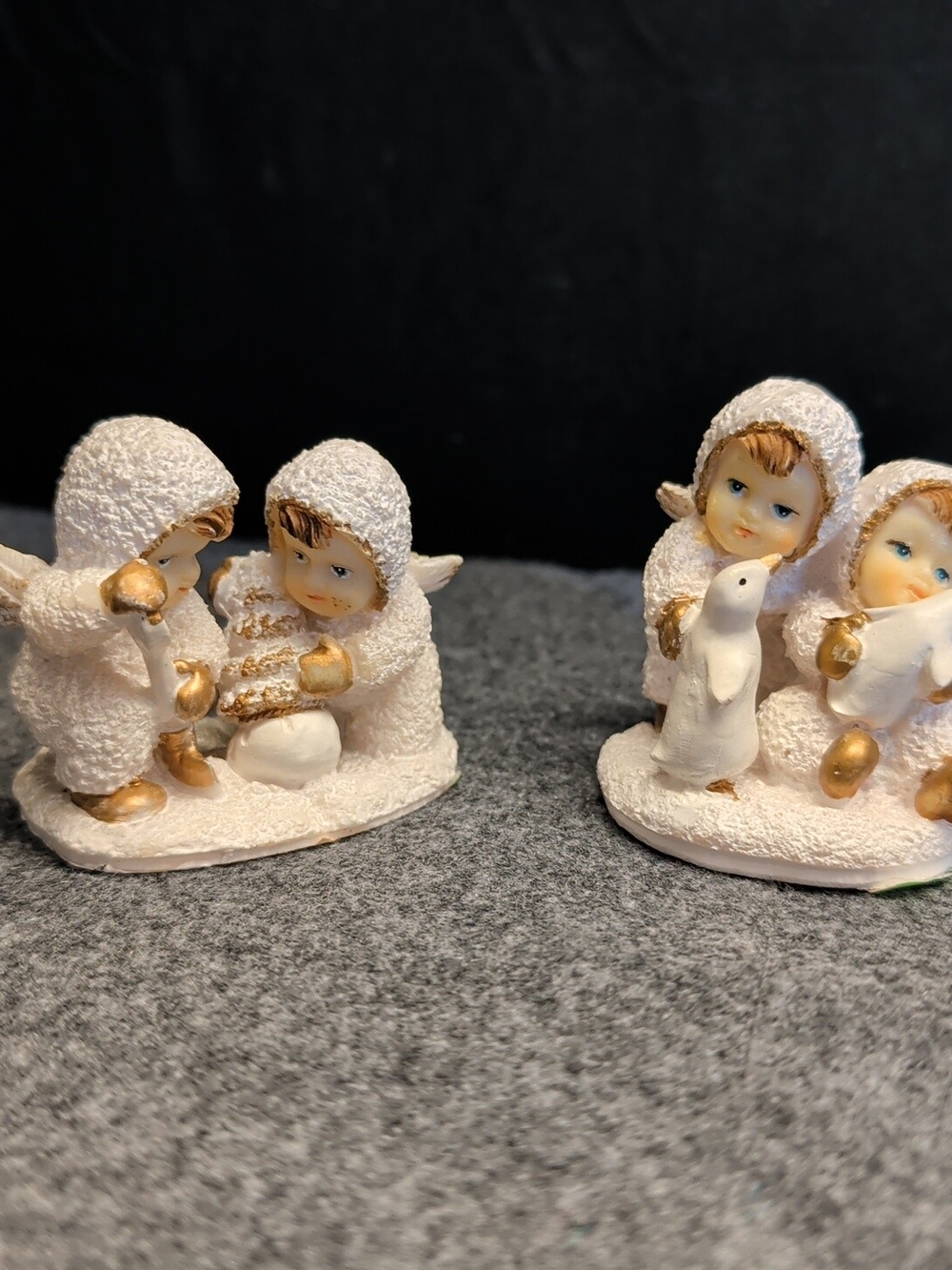 2 Cute Snow Baby Figurine Duo in White and Gold